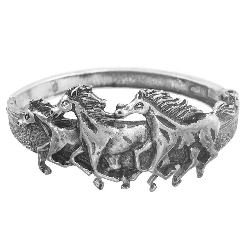 3 Horse Western Style Racing Burnished Silver Hinged Bangle Bracelet